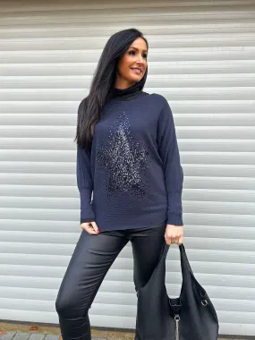 Navy Ribbed Sequin Star Knit Hannah