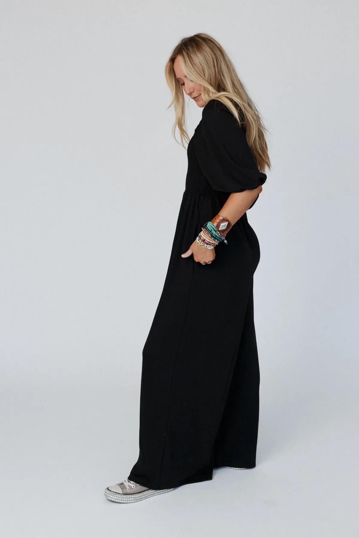 Nick Of Time Smocked Jumpsuit - Black