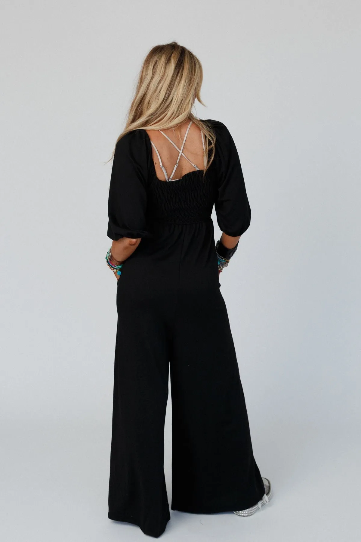 Nick Of Time Smocked Jumpsuit - Black