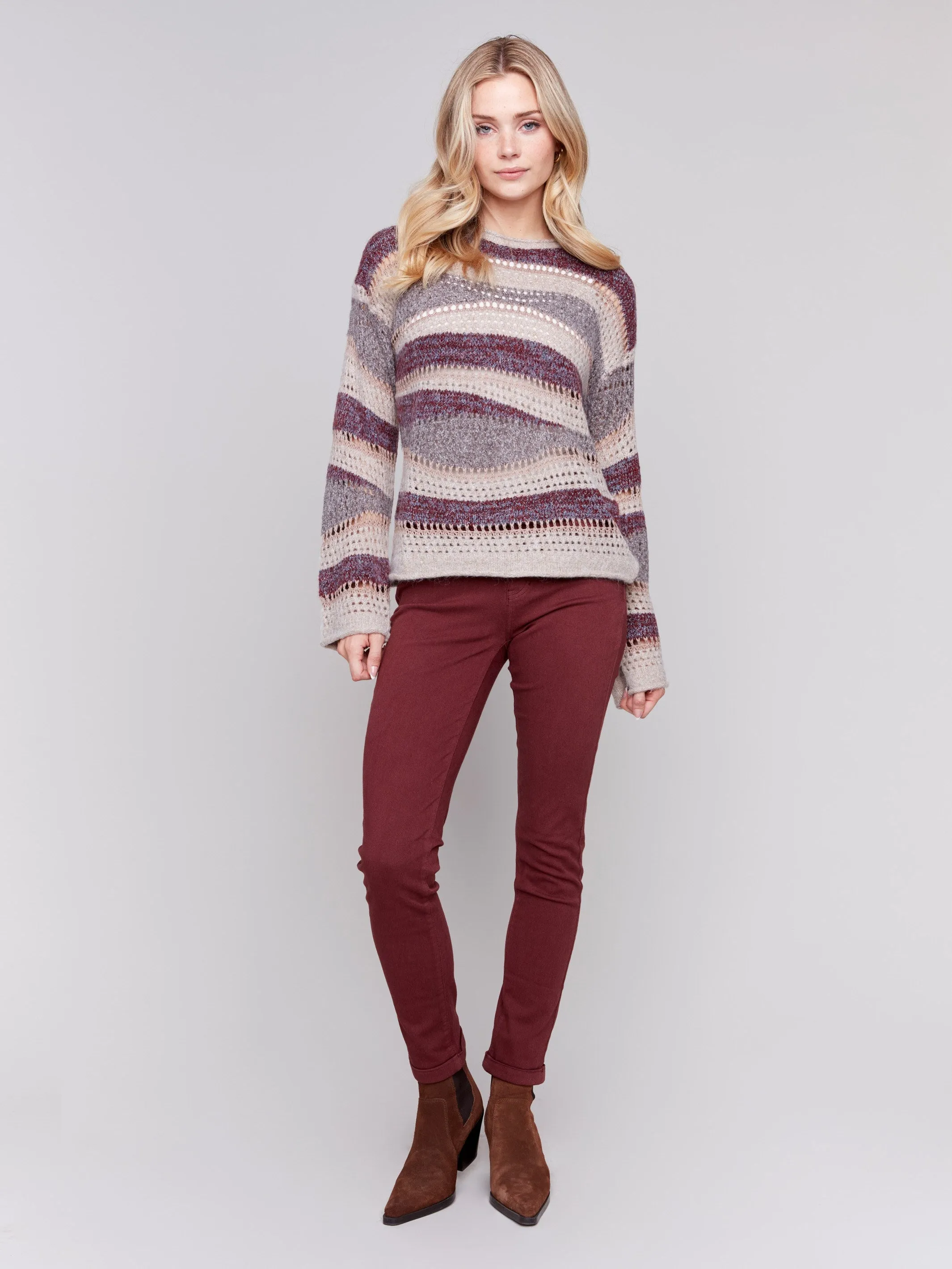 Patchwork Knit Drop Shoulder Sweater - Cabernet