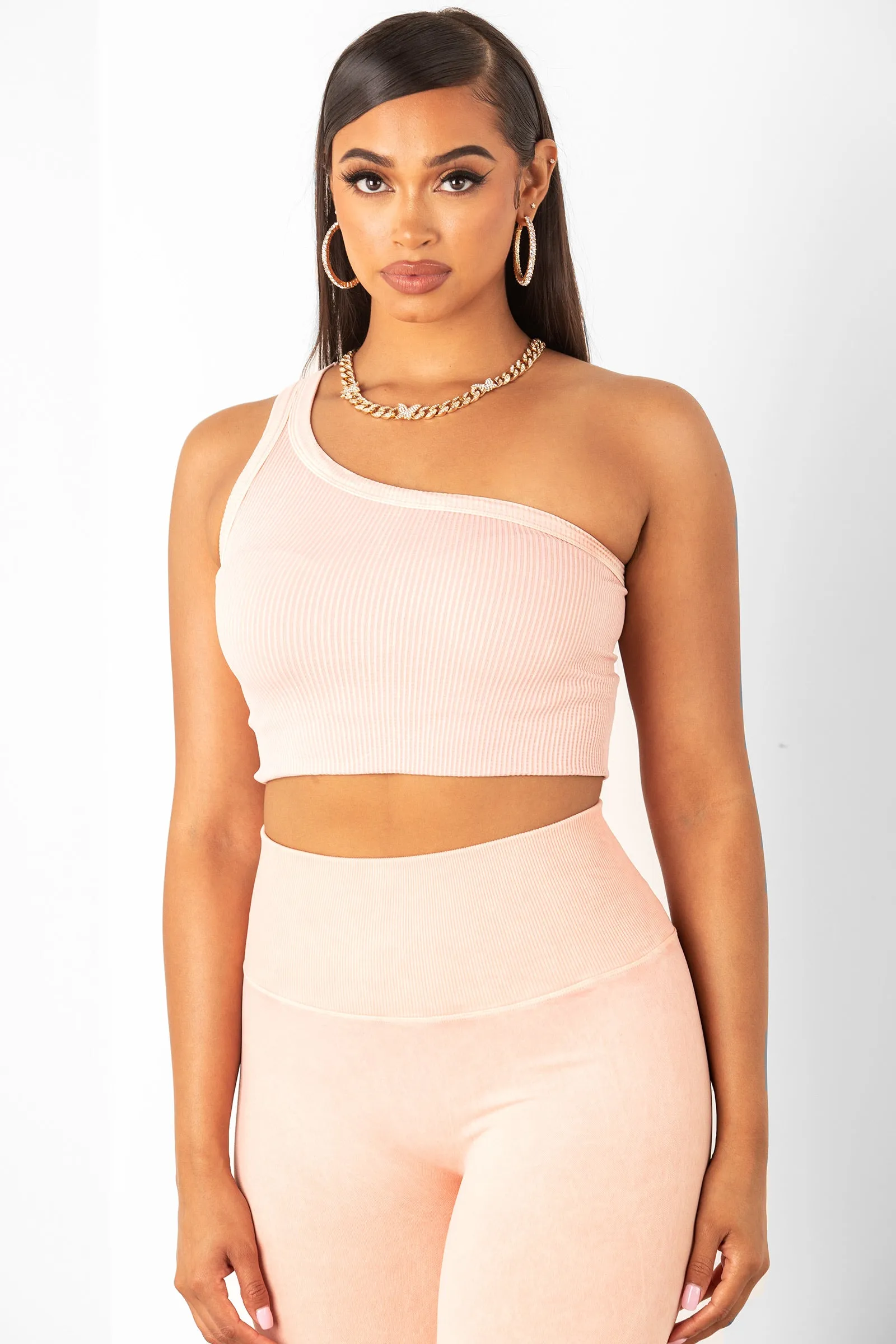 Peach One Shoulder Crop Top & Legging Set