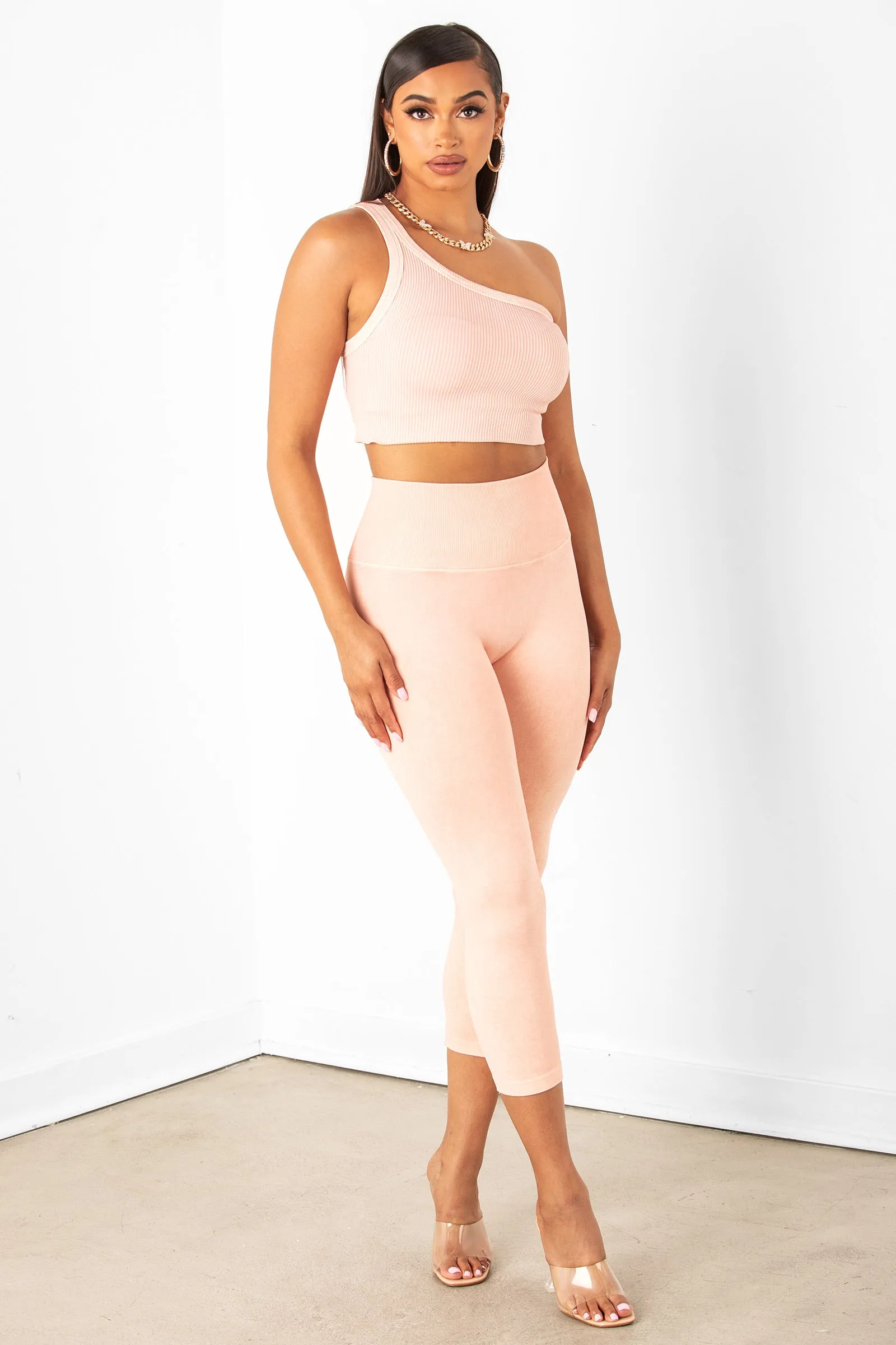 Peach One Shoulder Crop Top & Legging Set