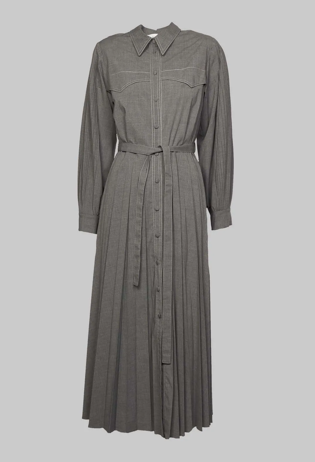 Pleated Shirt Dress with Long Sleeves in Grey