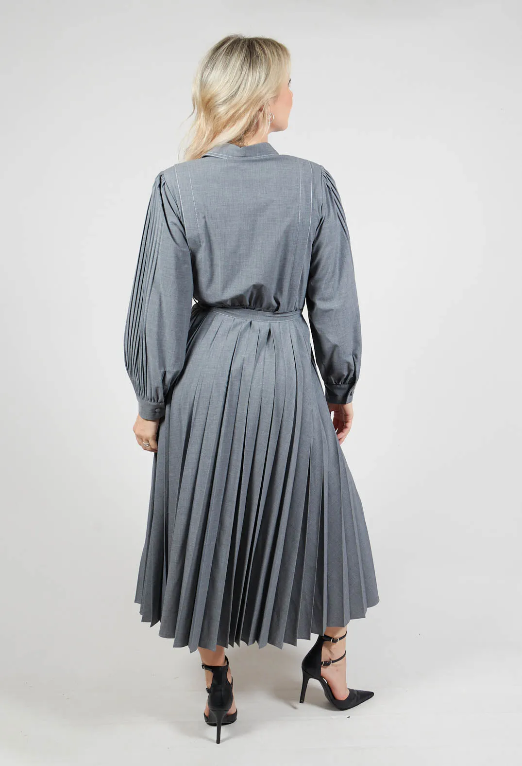 Pleated Shirt Dress with Long Sleeves in Grey