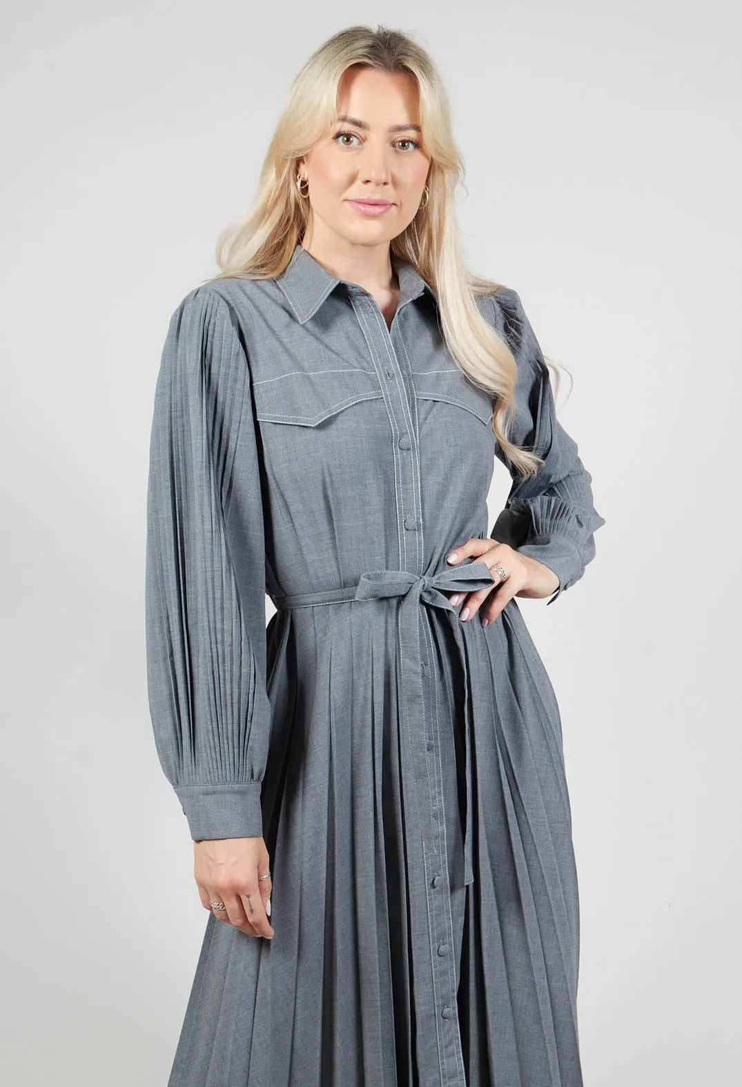 Pleated Shirt Dress with Long Sleeves in Grey