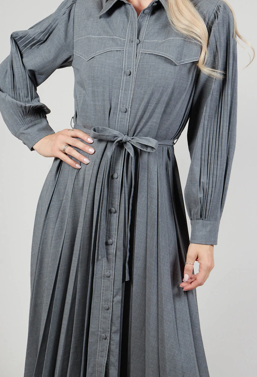 Pleated Shirt Dress with Long Sleeves in Grey