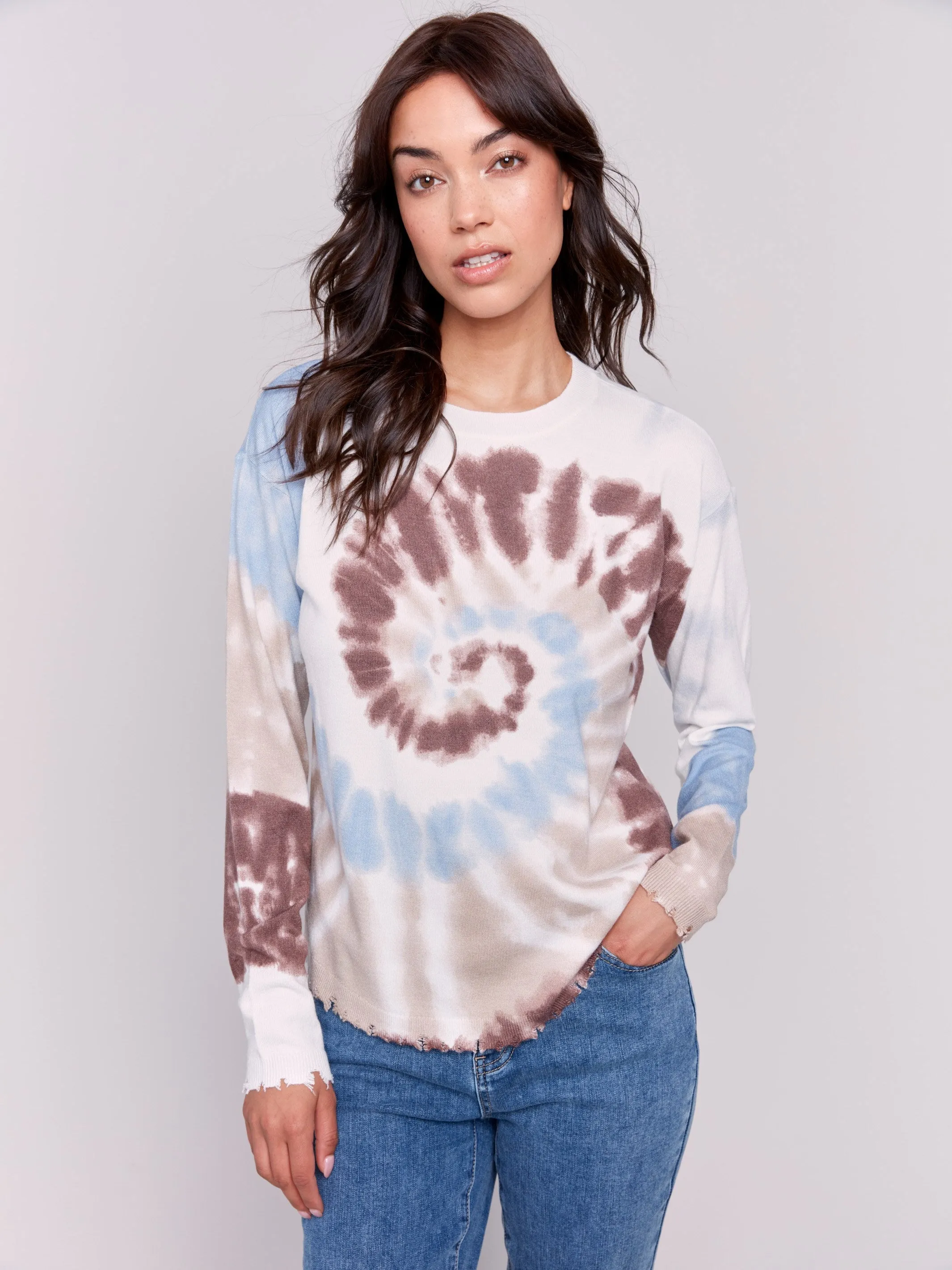 Printed Frayed Edge Round Hem Sweater - Frost