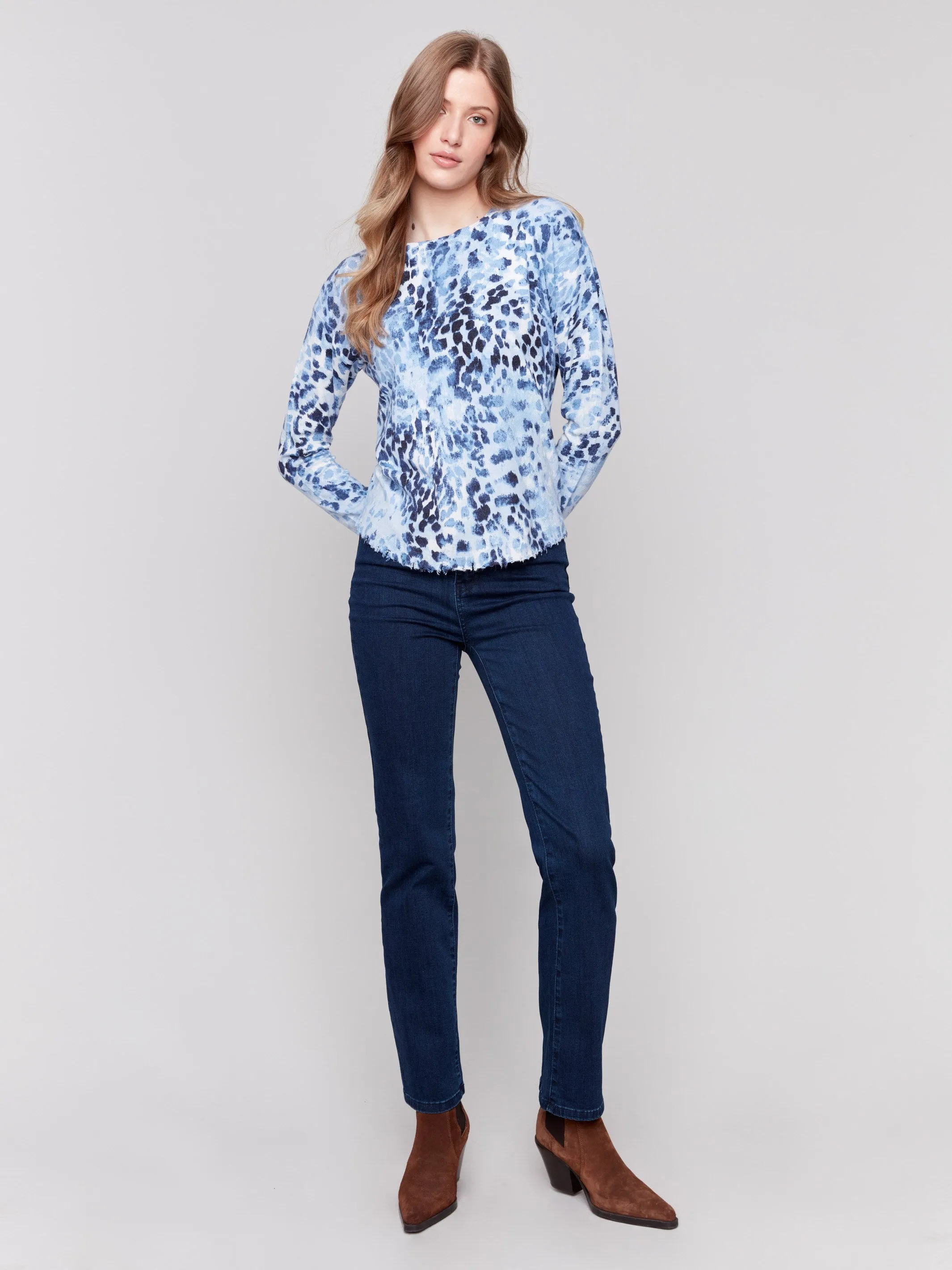 Printed Frayed Edge Round Hem Sweater - Indigo