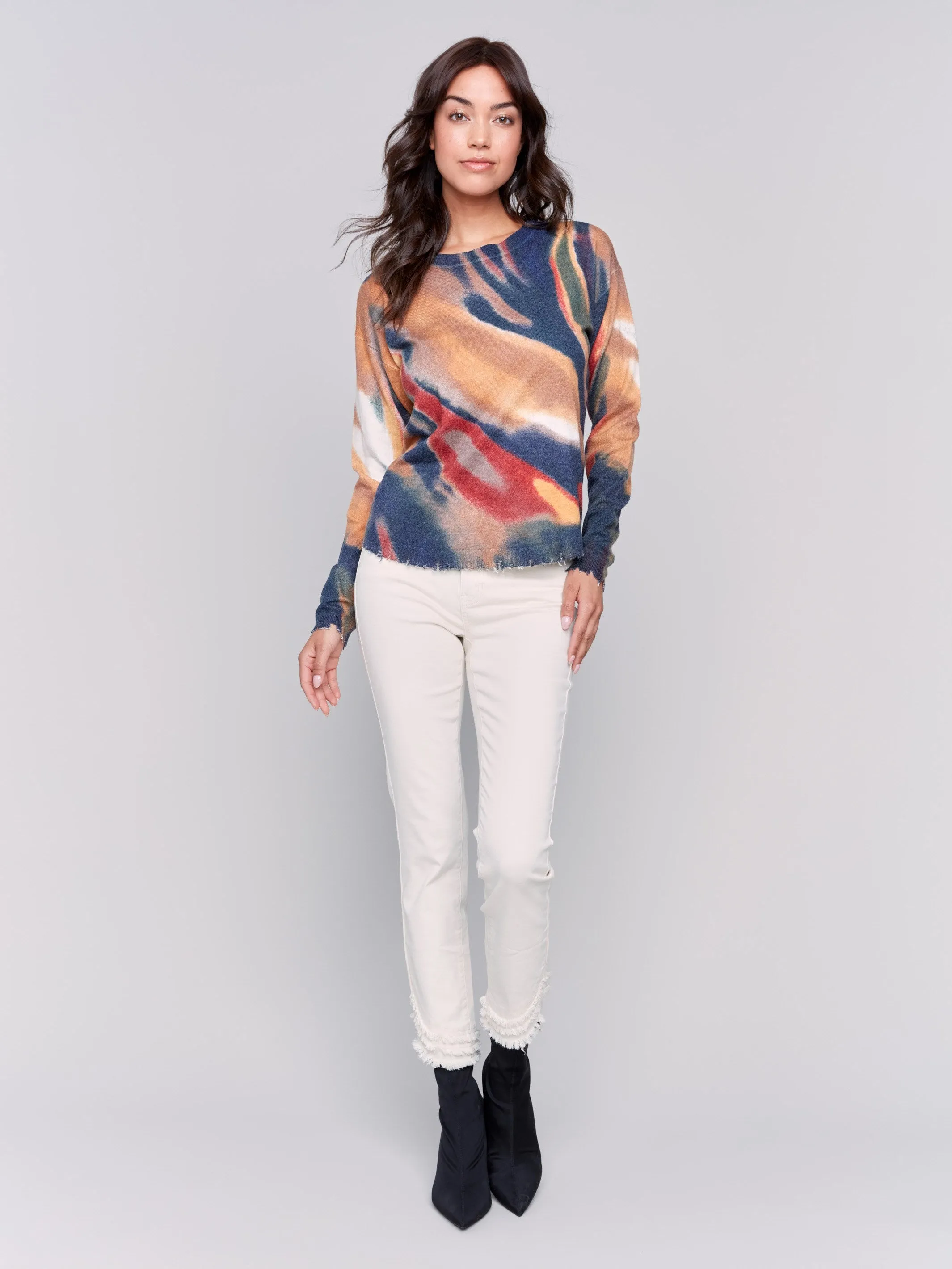 Printed Frayed Edge Round Hem Sweater - Spruce