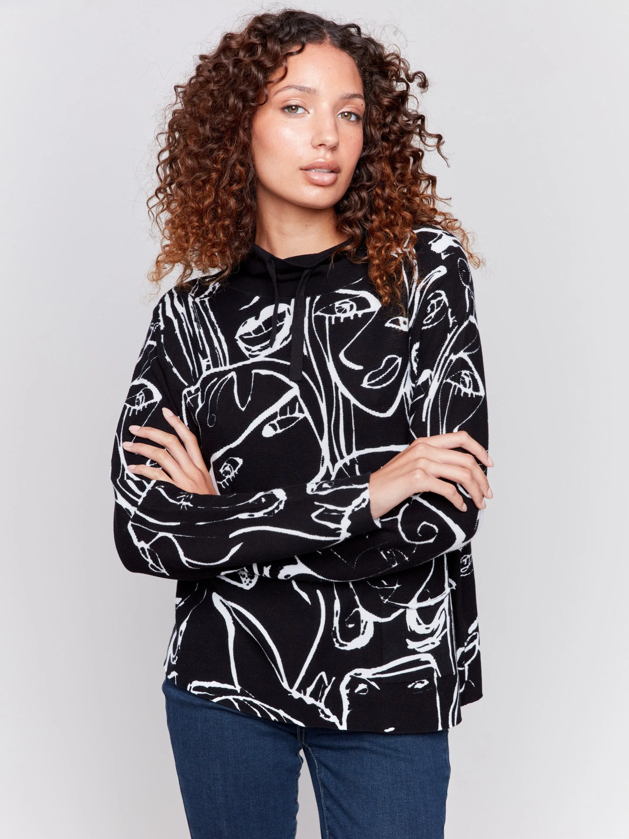 Printed Ottoman Cotton Funnel Neck Sweater - Faces