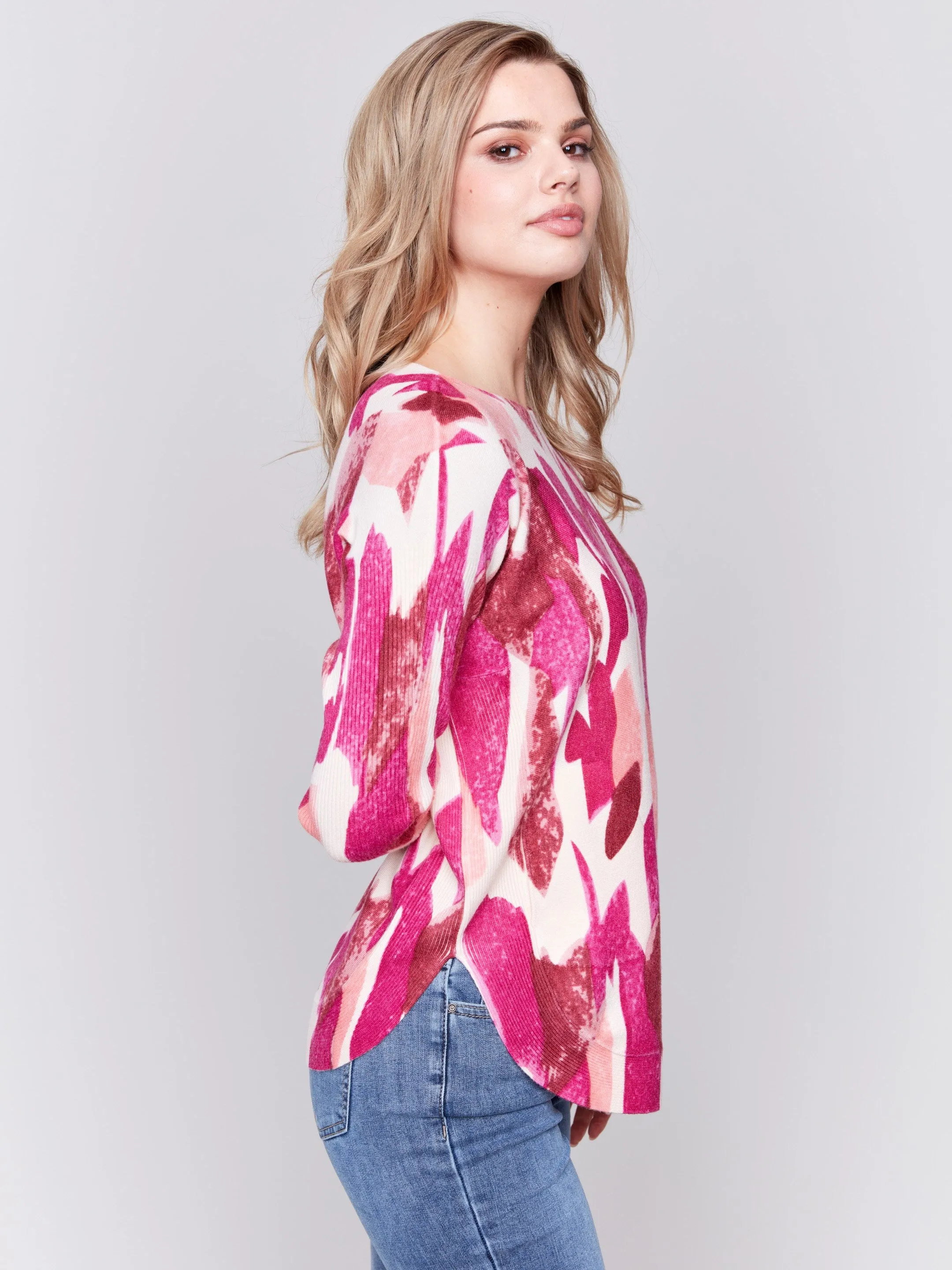 Printed Plush Knit Sweater - Fuchsia