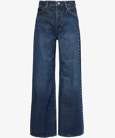 Reformation Womens Mille Studded Cary studded high-rise wide-leg organic-cotton blend denim jeans