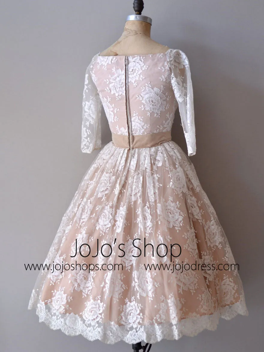 Retro Modest Mocha Lace Short Wedding Dress with Long Sleeves DV2087