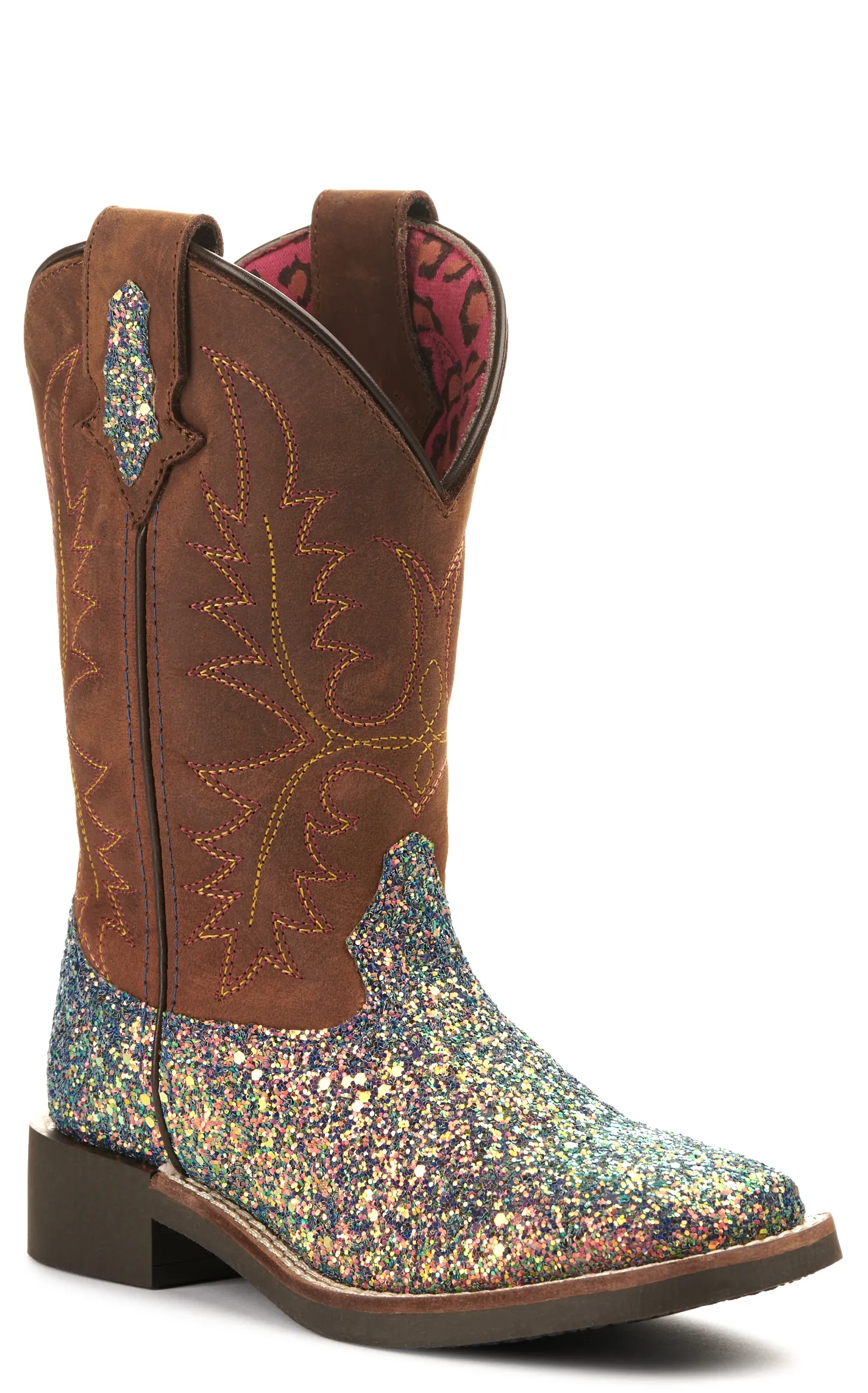 Smoky Mountain Girls Crazy Horse Brown and Mermaid Glitter Wide Square Toe Cowboy Boot