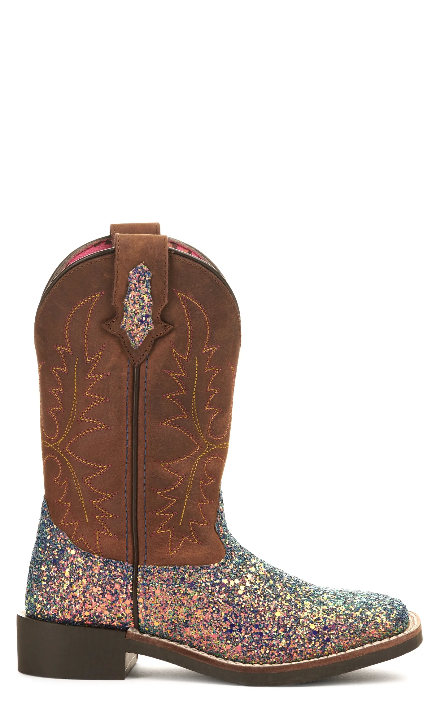 Smoky Mountain Girls Crazy Horse Brown and Mermaid Glitter Wide Square Toe Cowboy Boot