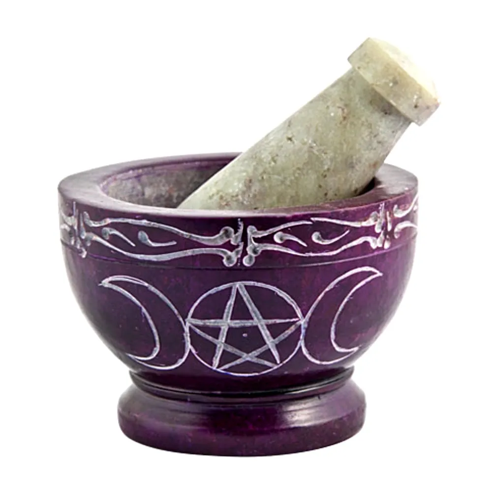 Soapstone Mortar & Pestle Triple Moon Pentacle Purple