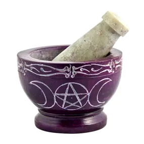 Soapstone Mortar & Pestle Triple Moon Pentacle Purple