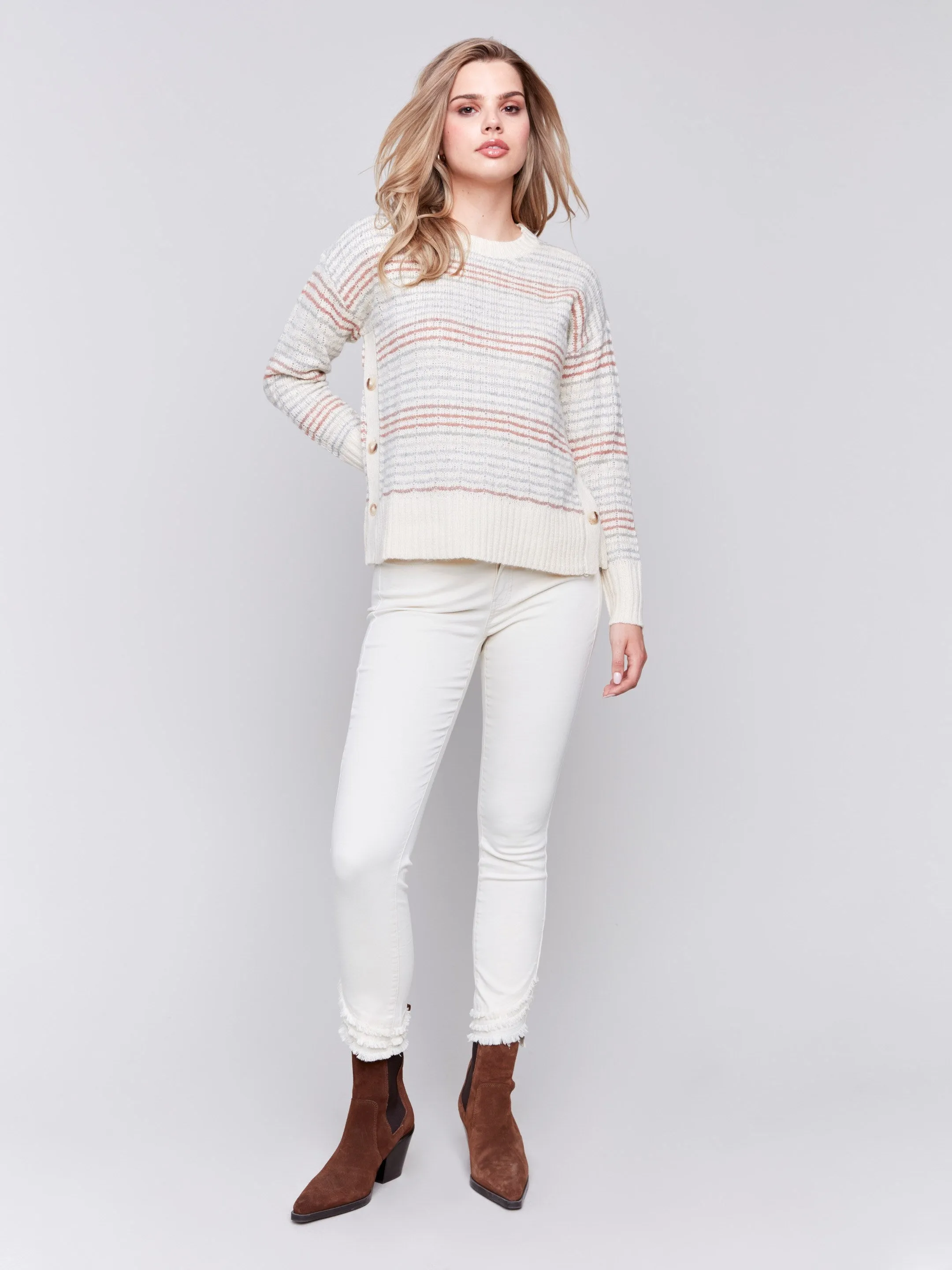 Striped Sweater with Side Buttons - Ecru