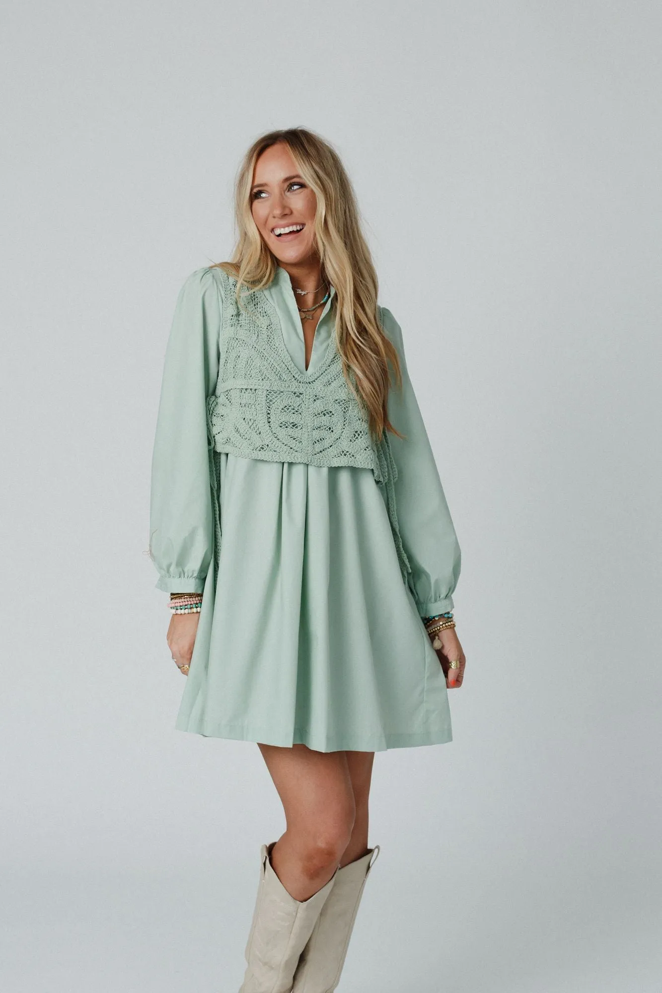 Sweet Edge Crochet Vest Tunic Dress - Sage