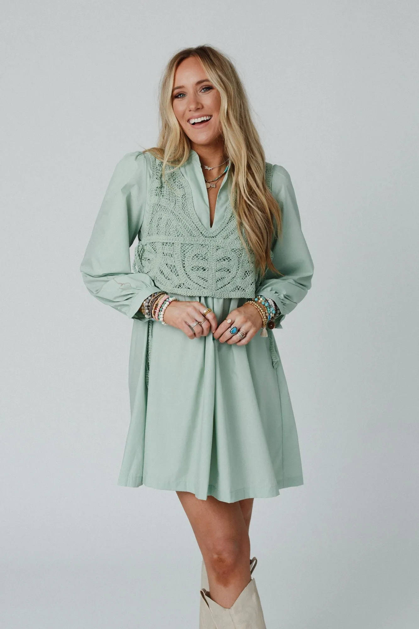 Sweet Edge Crochet Vest Tunic Dress - Sage