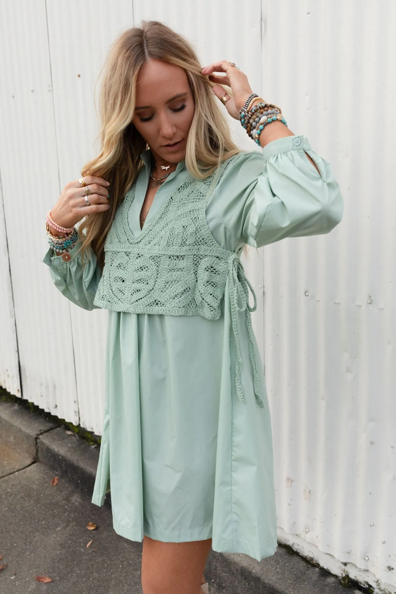 Sweet Edge Crochet Vest Tunic Dress - Sage