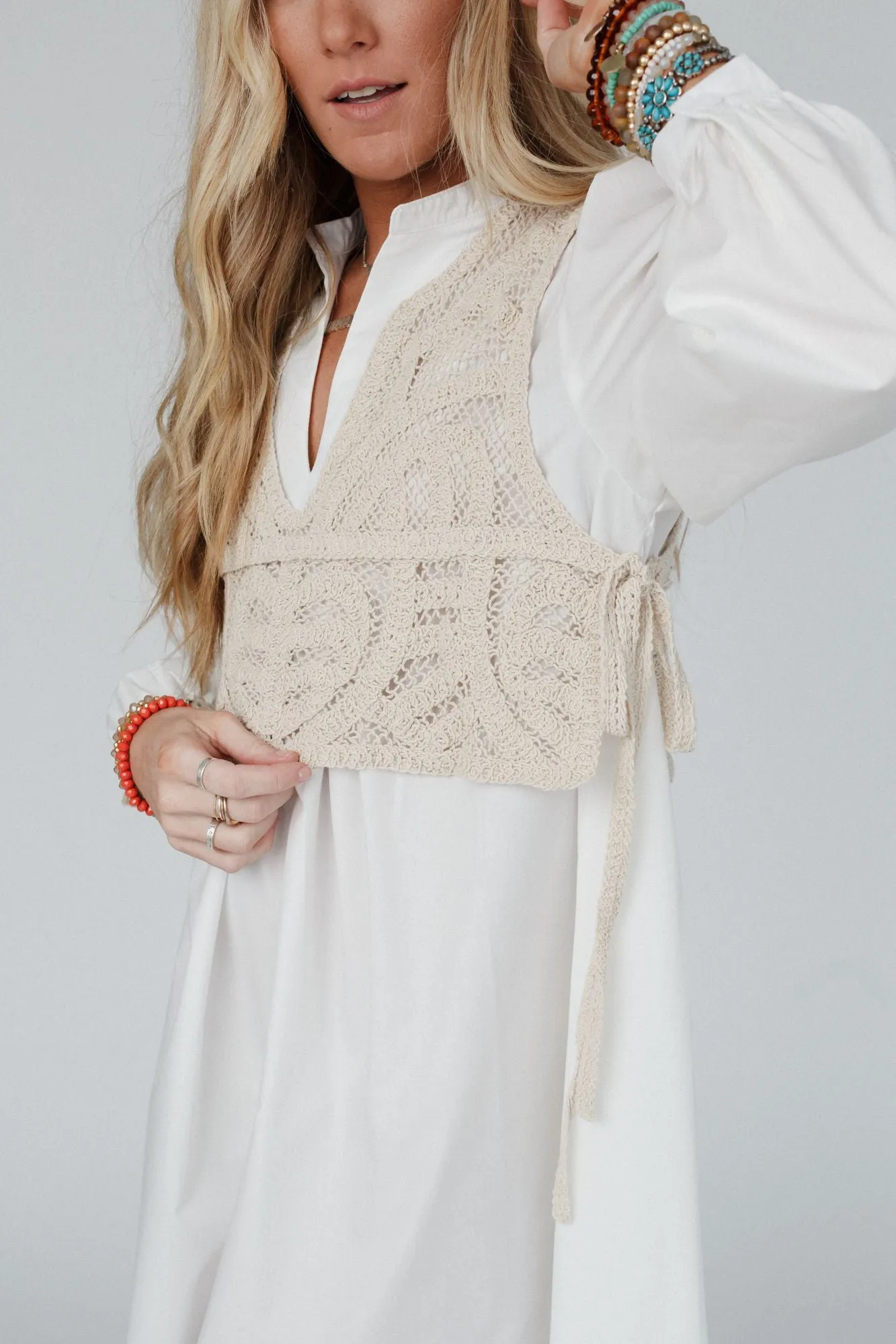 Sweet Edge Crochet Vest Tunic Dress - White