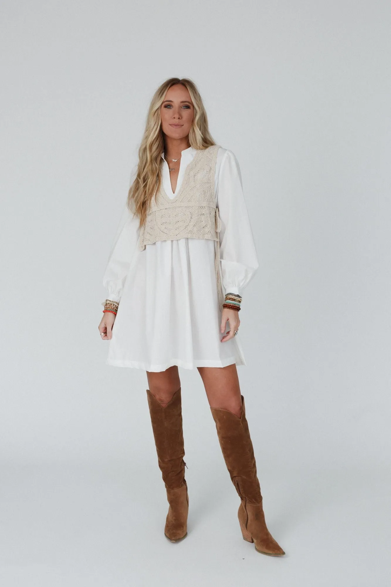 Sweet Edge Crochet Vest Tunic Dress - White