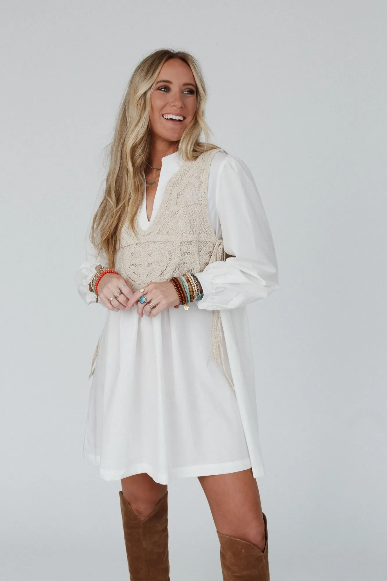 Sweet Edge Crochet Vest Tunic Dress - White