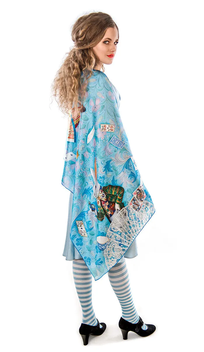 The White Rabbit, sky blue version, pure silk-satin scarf/wrap.