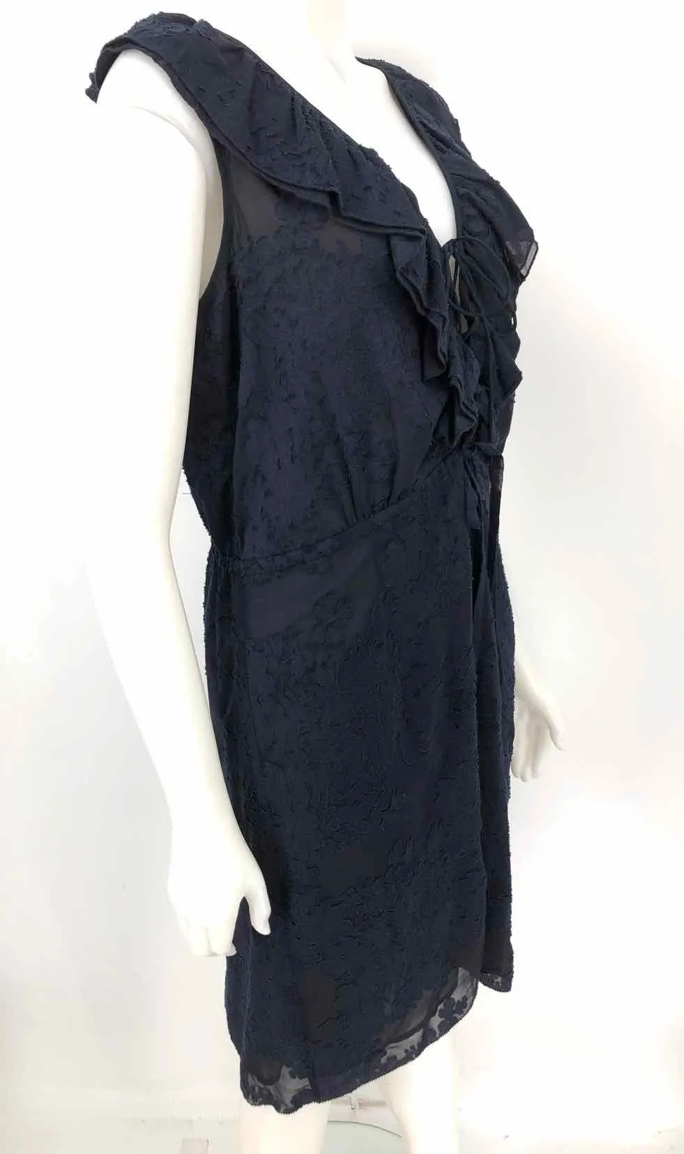 TORY BURCH Navy Silk & Cotton Embroidered Ruffle Trim Size 12  (L) Dress