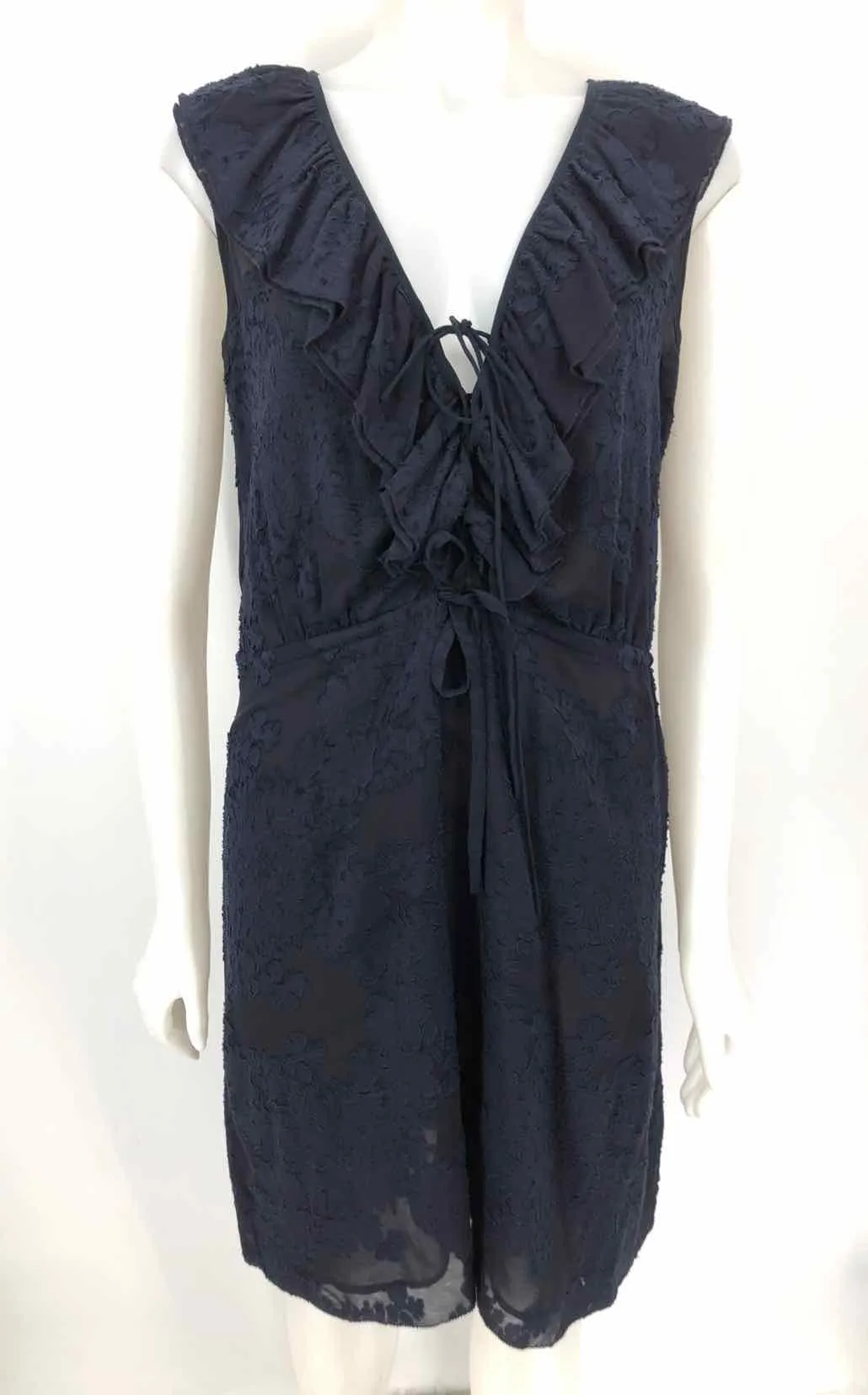 TORY BURCH Navy Silk & Cotton Embroidered Ruffle Trim Size 12  (L) Dress