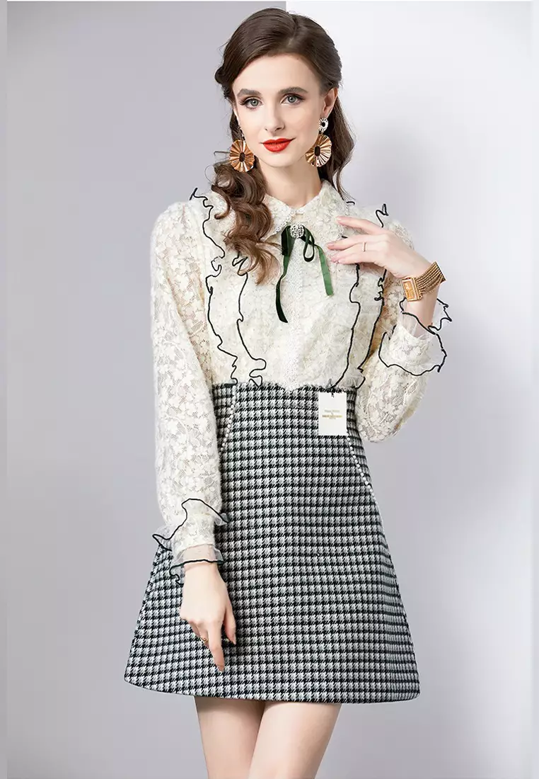 Twenty Eight Shoes Faux Two-Piece Lace Checkered Dress ZHY899-616