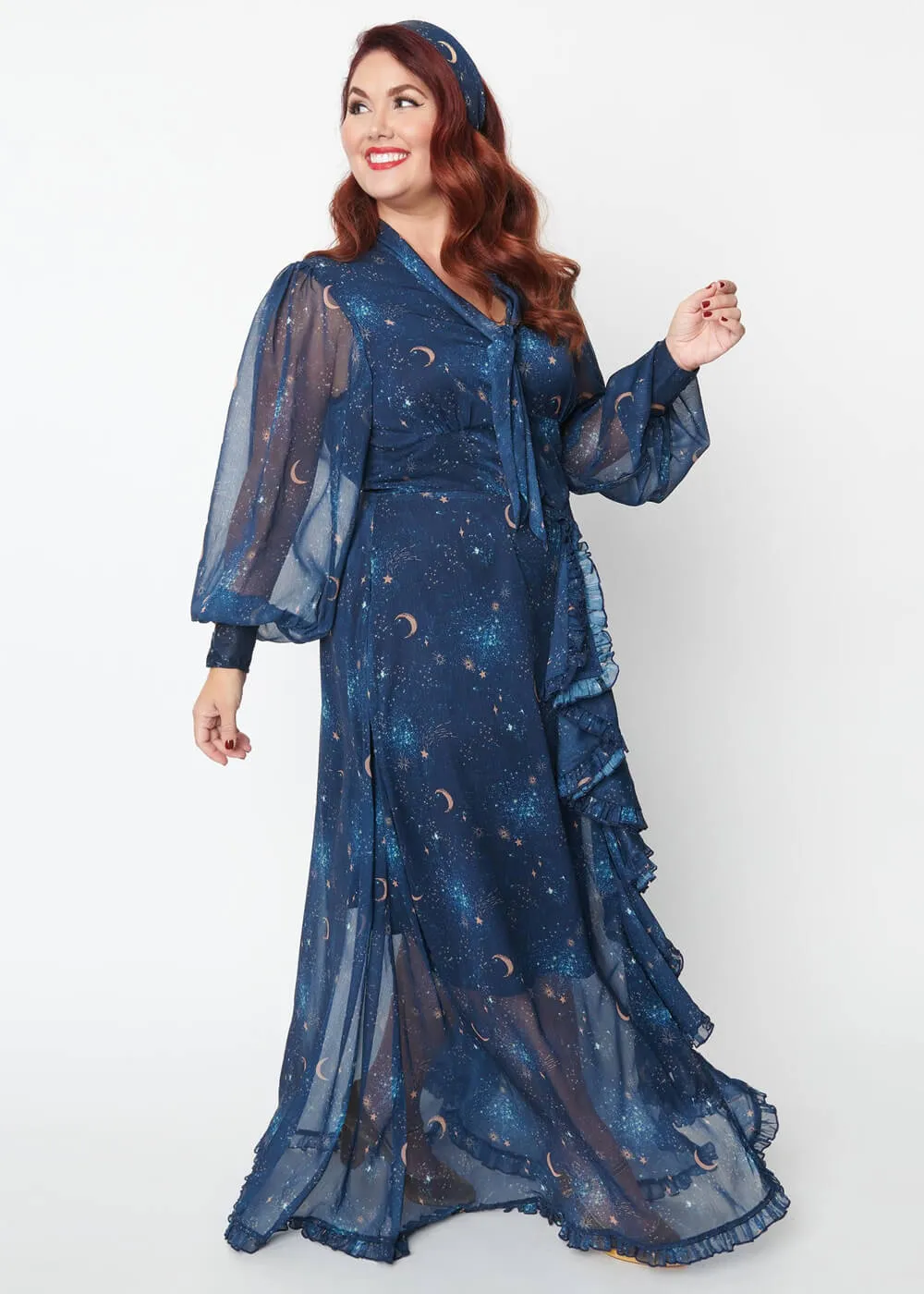 Unique Vintage Galaxy 70's Maxi Dress Navy Gold