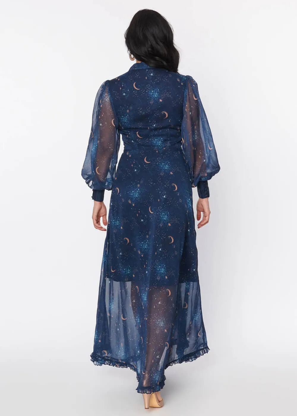 Unique Vintage Galaxy 70's Maxi Dress Navy Gold