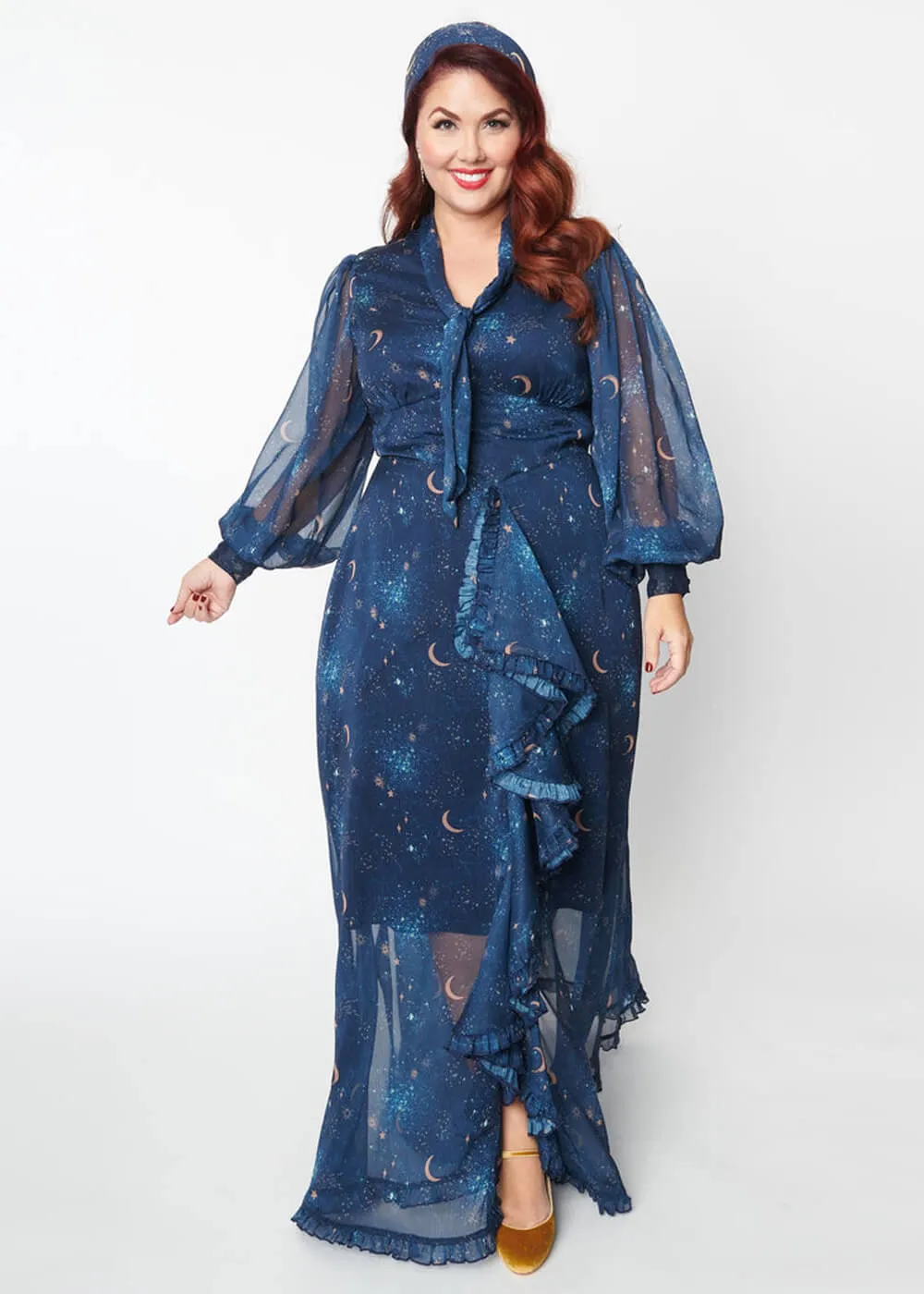 Unique Vintage Galaxy 70's Maxi Dress Navy Gold