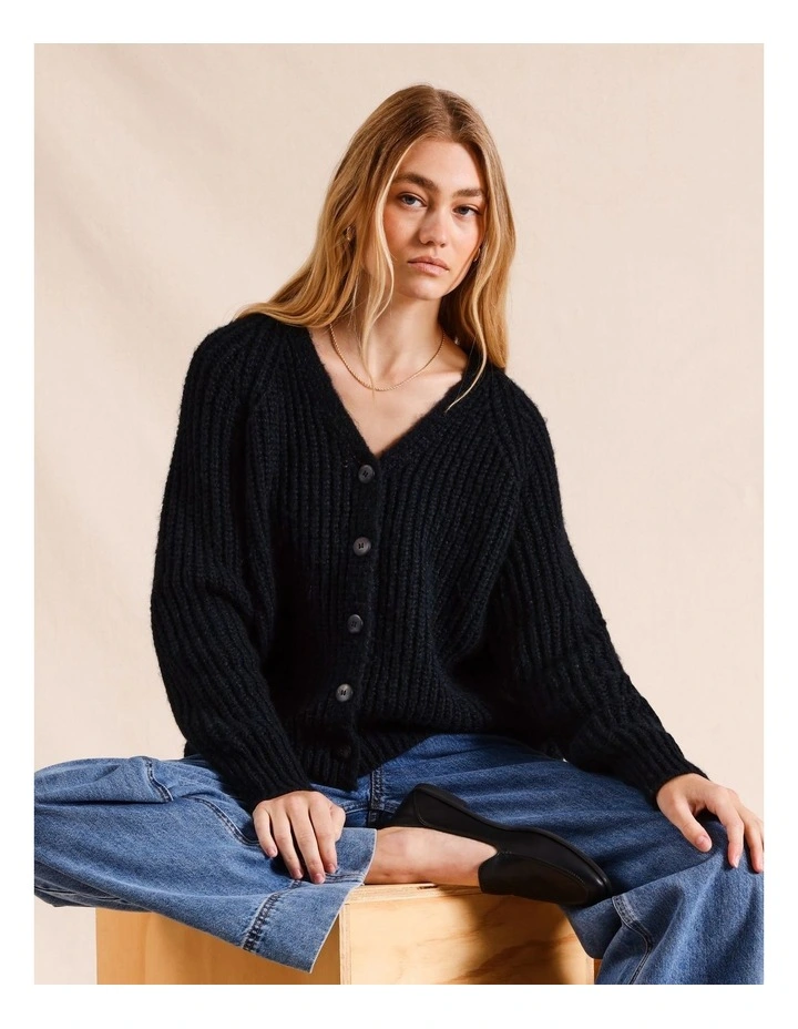 V-Neck Chunky Knit Cardigan in Black