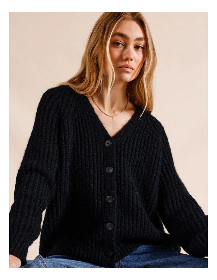 V-Neck Chunky Knit Cardigan in Black