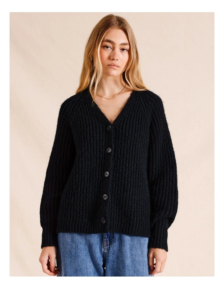 V-Neck Chunky Knit Cardigan in Black