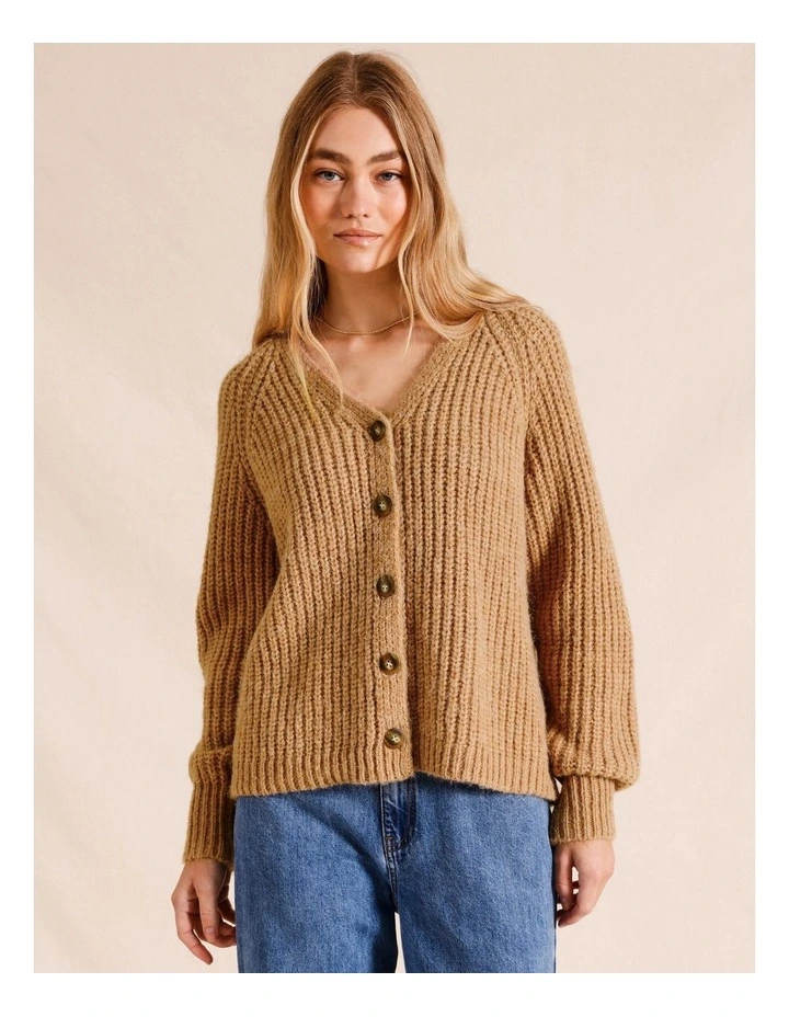 V-Neck Chunky Knit Cardigan in Tan