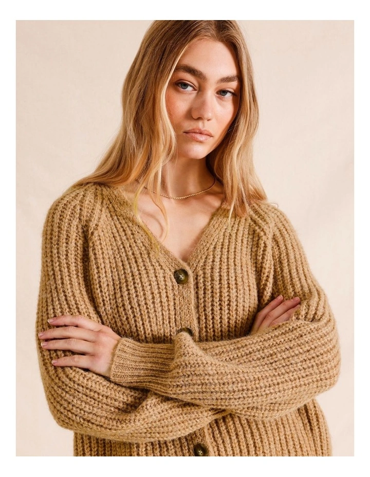 V-Neck Chunky Knit Cardigan in Tan