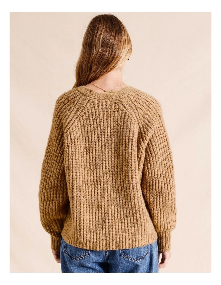 V-Neck Chunky Knit Cardigan in Tan