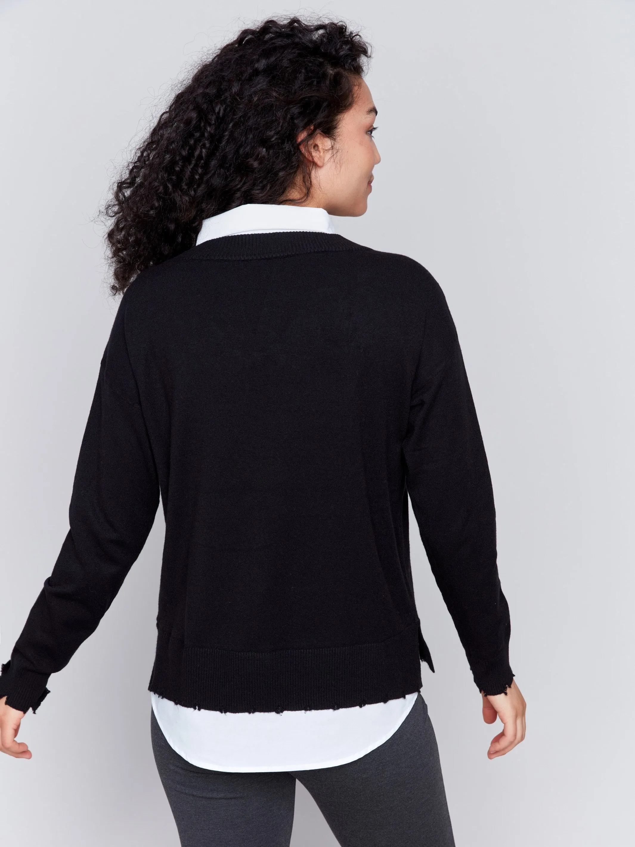 V-Neck Fooler Sweater with Shirt Collar - Black