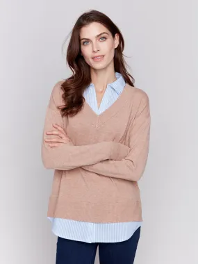 V-Neck Fooler Sweater with Shirt Collar - Caramel