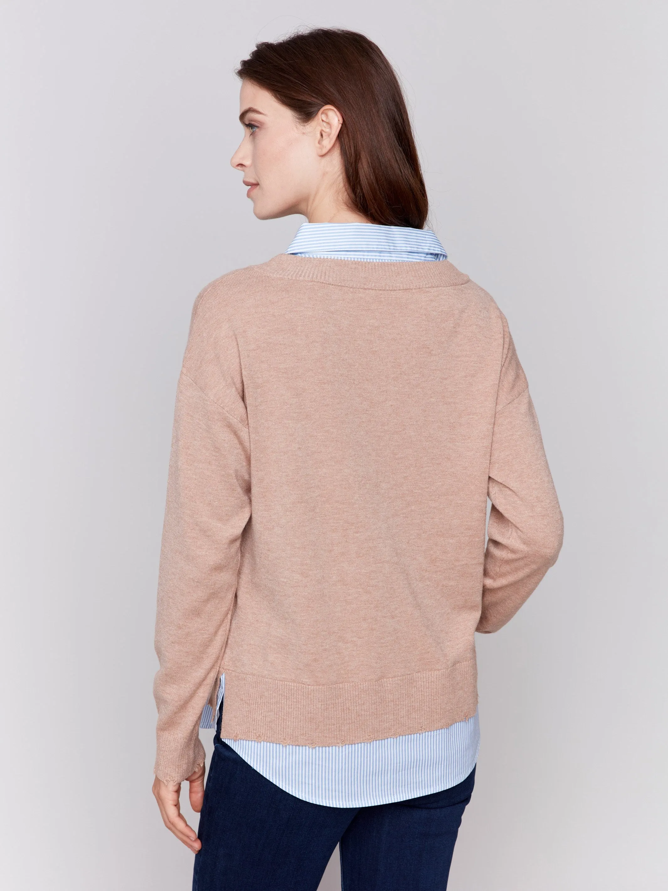 V-Neck Fooler Sweater with Shirt Collar - Caramel