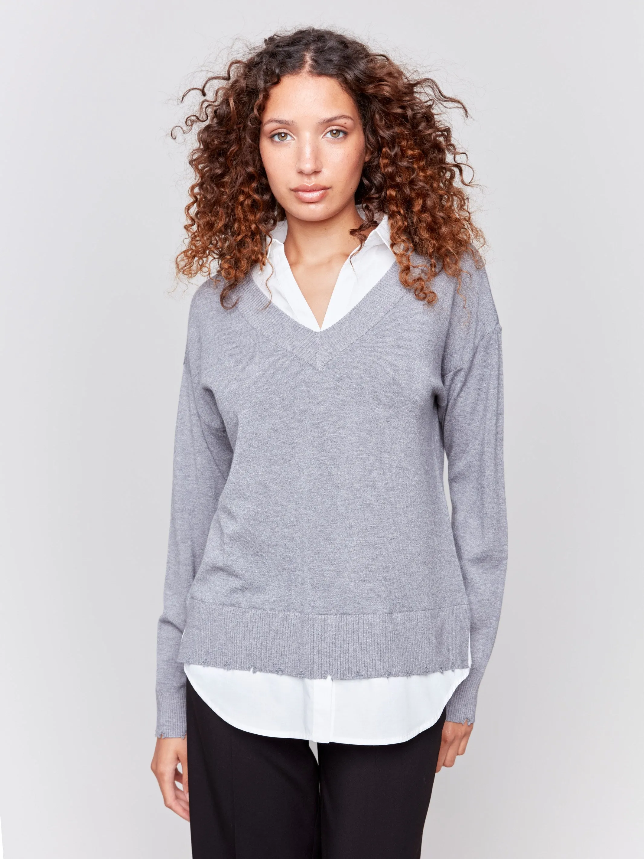 V-Neck Fooler Sweater with Shirt Collar - Grey