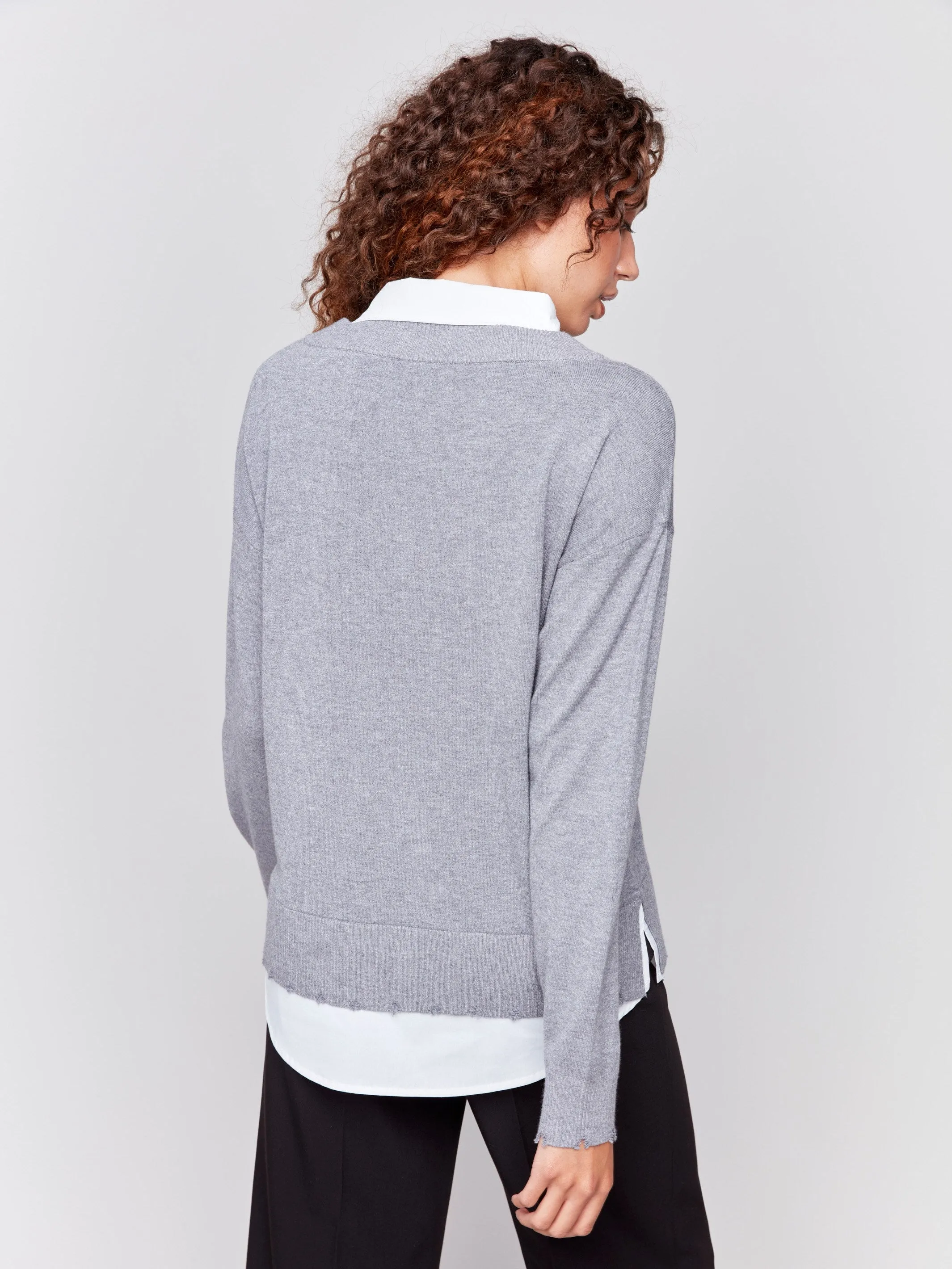 V-Neck Fooler Sweater with Shirt Collar - Grey