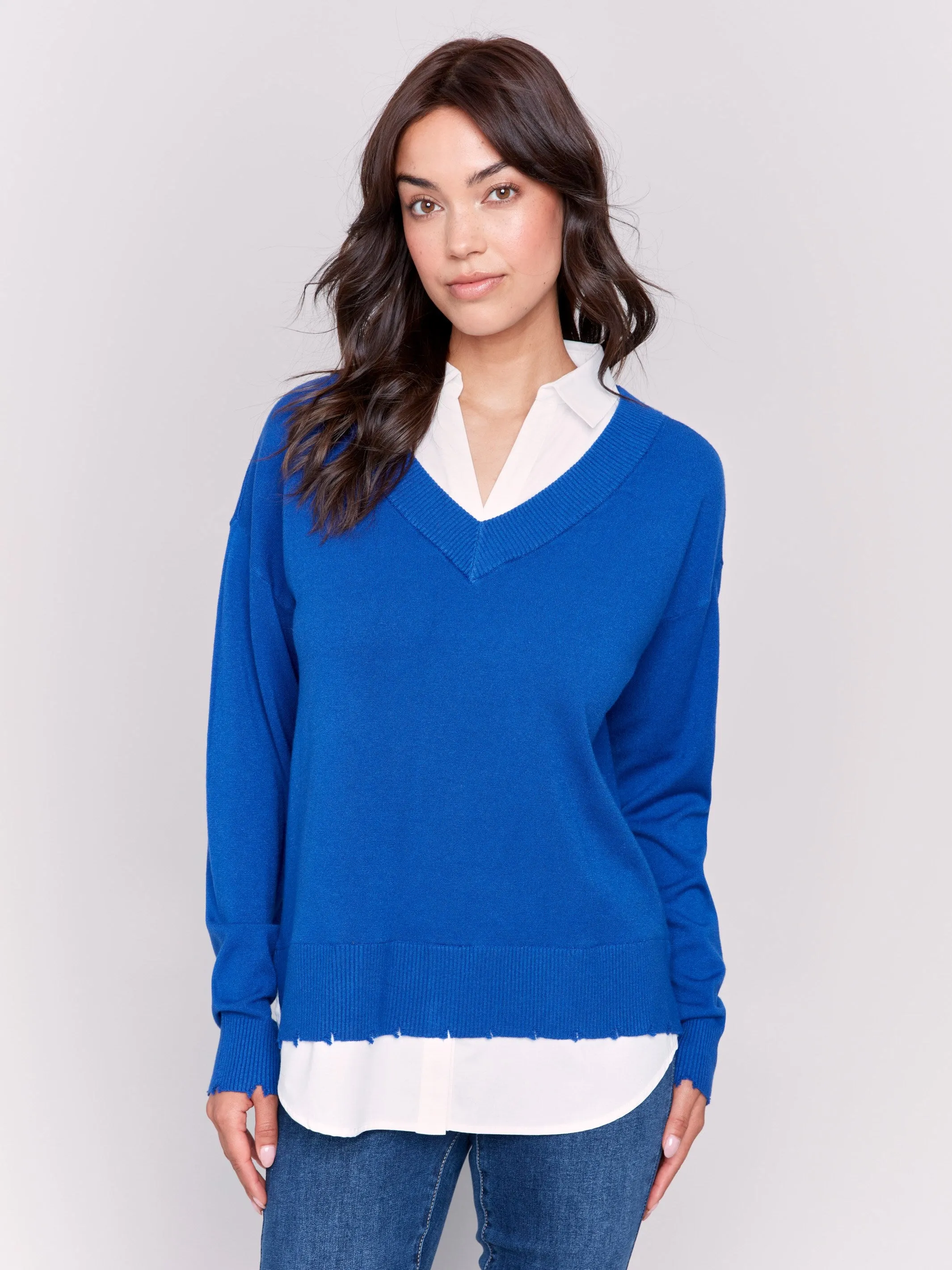 V-Neck Fooler Sweater with Shirt Collar - Sapphire