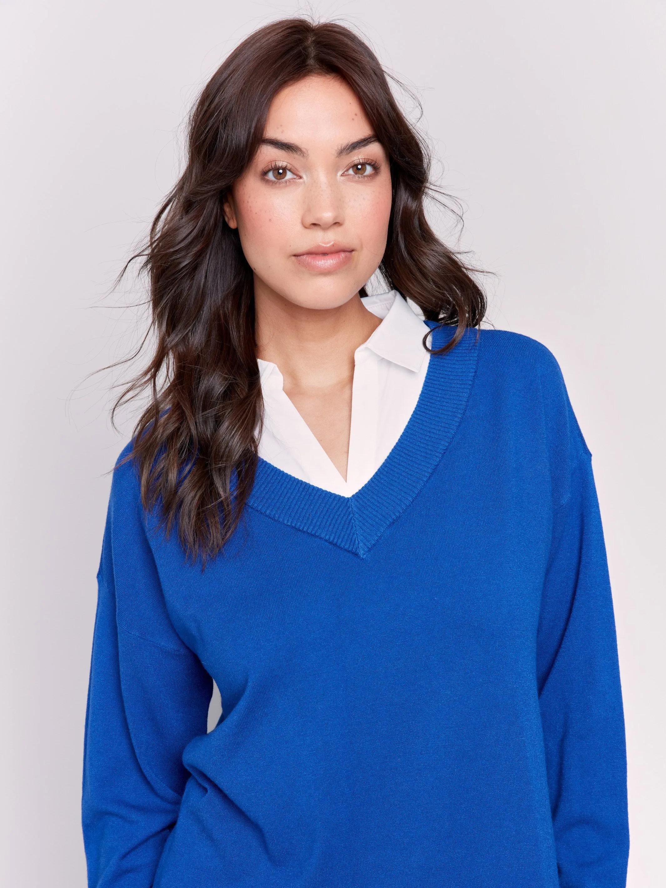 V-Neck Fooler Sweater with Shirt Collar - Sapphire