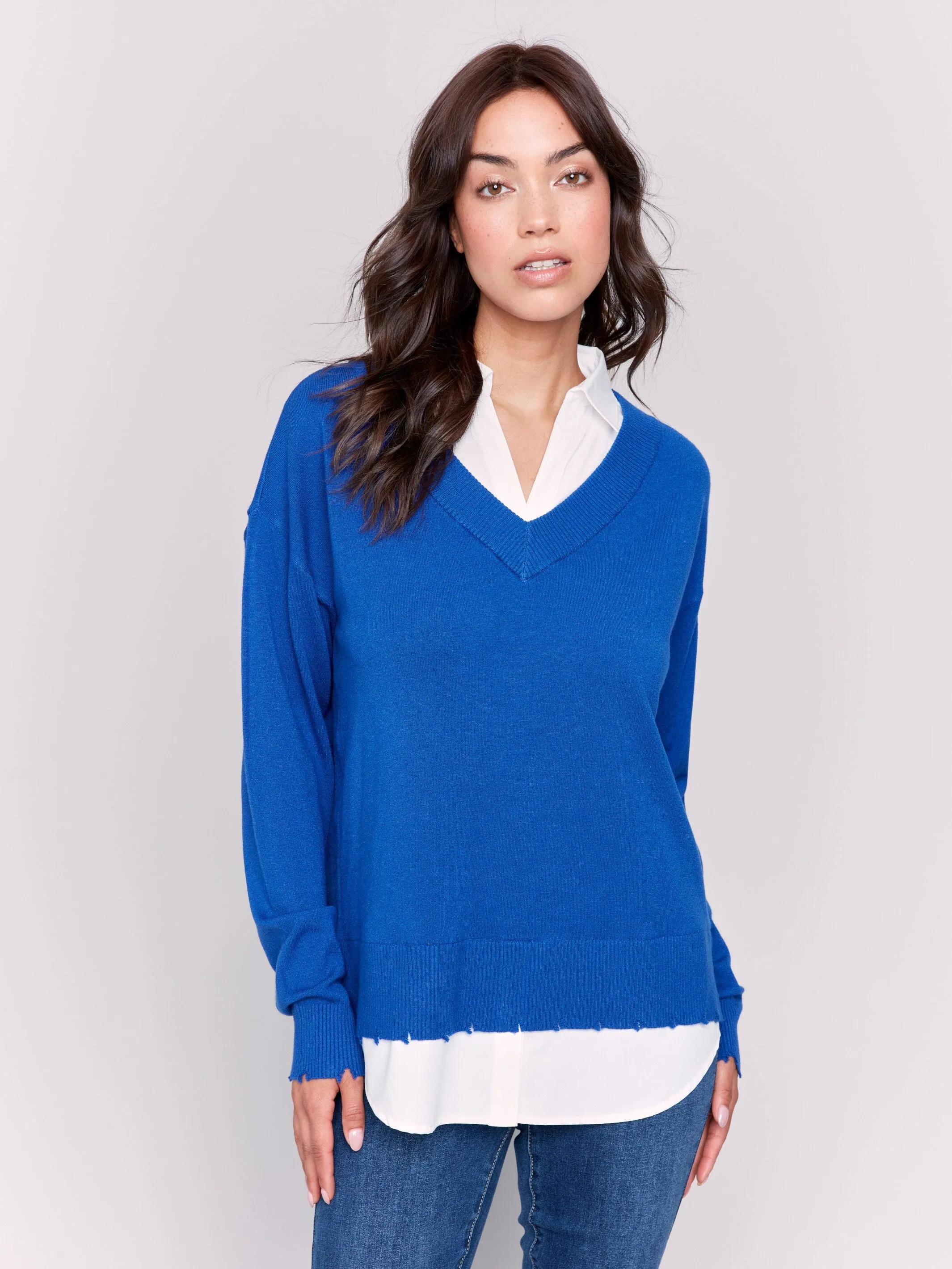 V-Neck Fooler Sweater with Shirt Collar - Sapphire