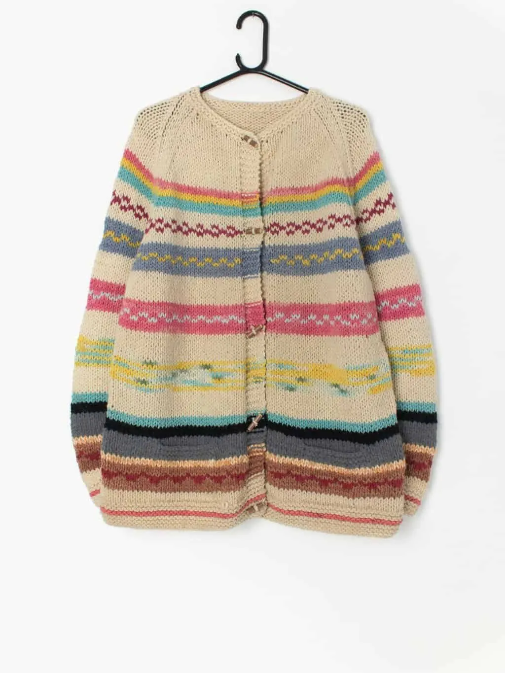 Vintage chunky knit cardigan with striped design – Large